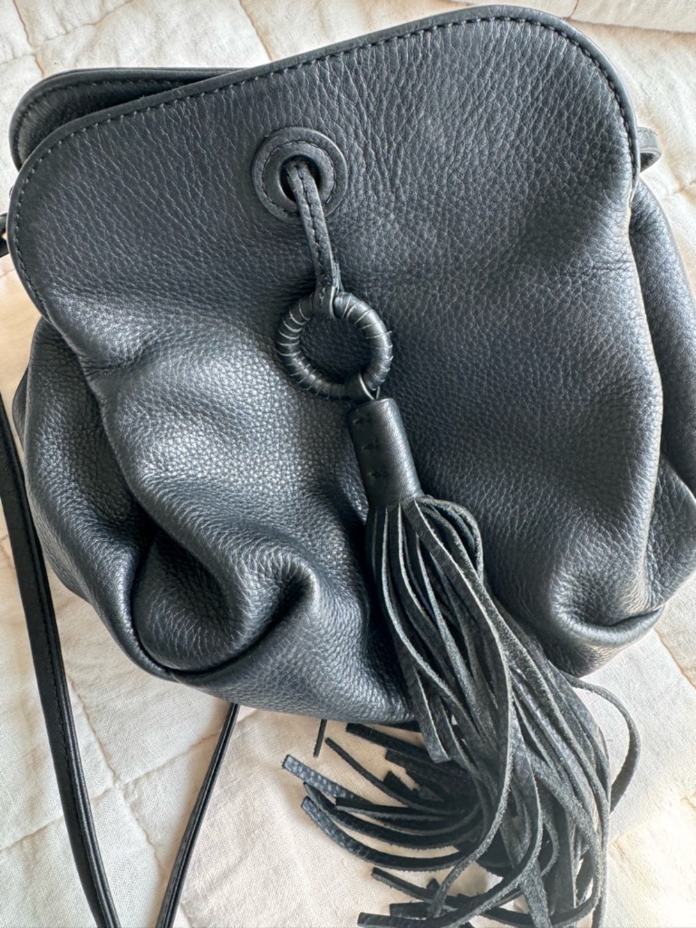 HOBO Black Leather Tassel Drawstring Crossbody Bag